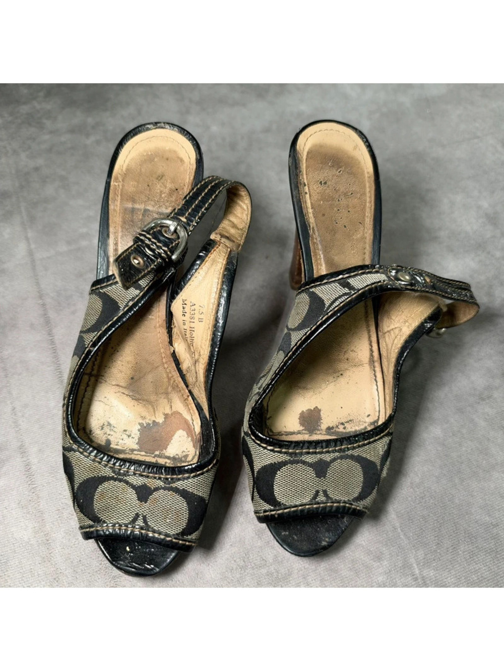 Vintage Y2K Coach Hollie Monogram Canvas Peep Toe Slingback Heels Black 7.5 B